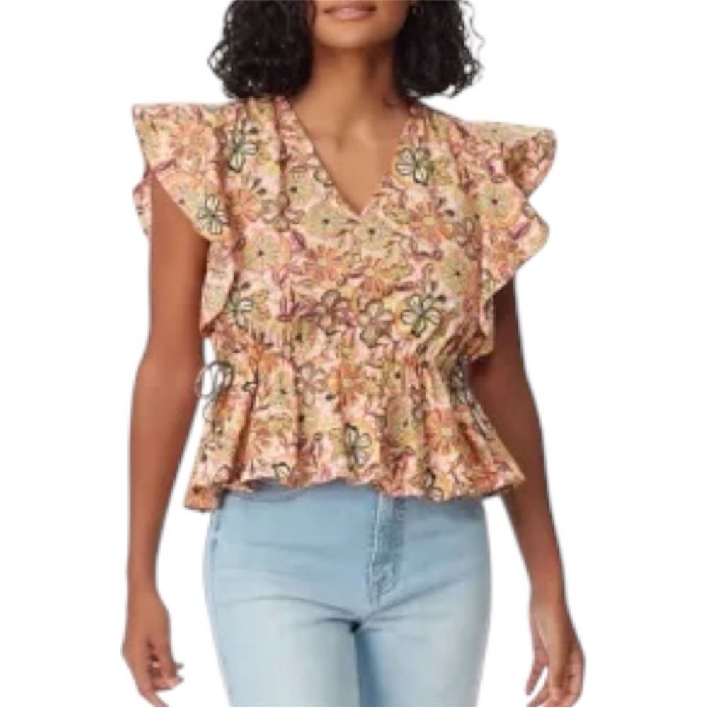 Sam Edelman Floral Peplum Blouse Ruffle Sleeve Tie Waist Boho Top Orange Pink M